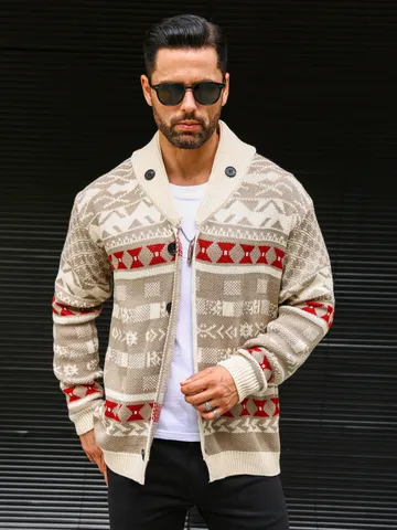 Men Shawl Collar Knit Cardigan Sweater Vintage Fair Isle Geometric Pattern Button Front Thick Warm Outerwear Casual Winter Coat