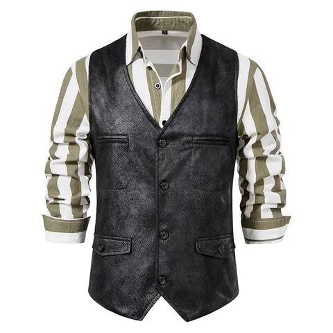 Men's V-Neck Suede Vest European Size Single-Breasted Casual Waistcoat Multi-Pocket Suede Fabric Sleeveless Jacket For Spring Autumn Men Clothing