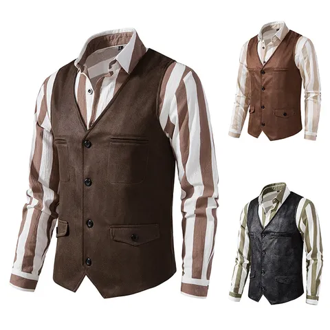 Men's V-Neck Suede Vest European Size Single-Breasted Casual Waistcoat Multi-Pocket Suede Fabric Sleeveless Jacket For Spring Autumn Men Clothing