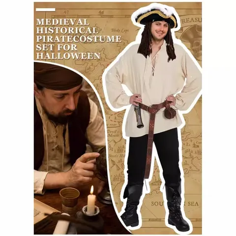 Men's Renaissance Halloween Costume 4-Piece Set Medieval Pirate Shirt And Ankle Banded Pants With Belt And Waist Bag