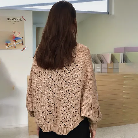 Women Fashion Casual Knit Hollow Out Cardigan Short Outerwear Long Sleeve Solid Diamond Mesh Sweater Tops