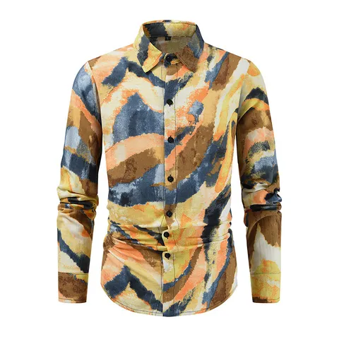 Herren Mode Digital Bedrucktes Langarmhemd Lässig Revers Knöpfe Polyester Oberteil Urbaner Stil Kleidung