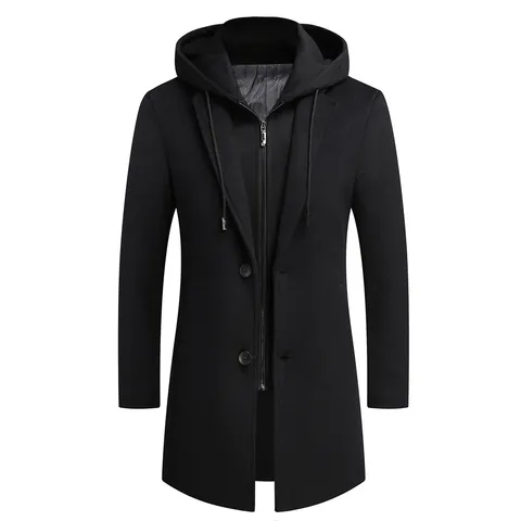 Men's Korean Casual Wool Blend Trench Coat Winter Mid Length Slim Fit Single Breasted Detachable Hood Outerwear