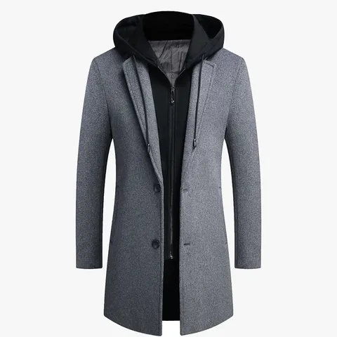 Men's Korean Casual Wool Blend Trench Coat Winter Mid Length Slim Fit Single Breasted Detachable Hood Outerwear