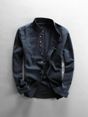 Camisa de Manga Larga Casual de Mezcla Lino para Hombre Vintage Cuello Alzado Abotonada Color Sólido Corte Suelto Tops Ligeros
