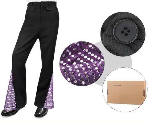 Men Retro 70s Disco Costume Outfit Sequin Long Sleeve Shirt Flare Pants Wig Necklace Party Fancy Dress