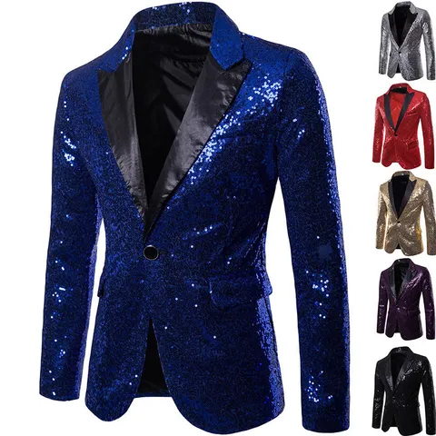 Men's Casual Sequin Blazer Slim Fit Notch Lapel One Button Night Club Party Performance Suit Jacket Outerwear