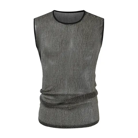 Camiseta sin Mangas Casual Brillante Plisada para Hombre Color Sólido Holgada Sin Mangas Cuello Redondo Chaleco Deportivo de Verano