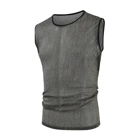 Camiseta sin Mangas Casual Brillante Plisada para Hombre Color Sólido Holgada Sin Mangas Cuello Redondo Chaleco Deportivo de Verano