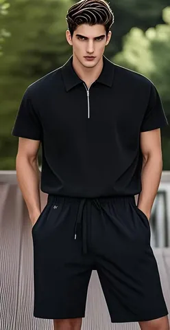 Set Sportivo da Uomo Estivo Casual Polo e Pantaloncini Largo Manica Corta Colletto Roversciato Top con Cerniera Tinta Unita