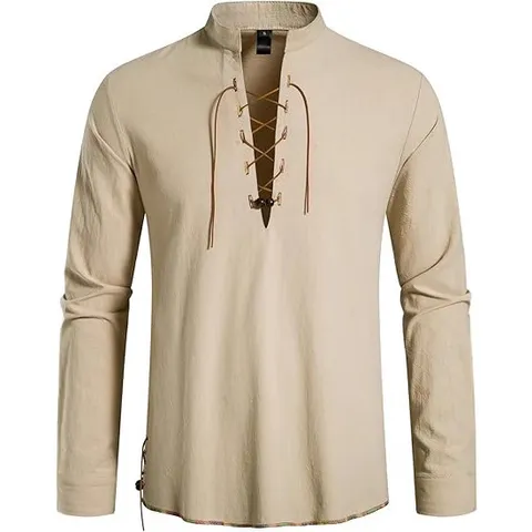 Men's Medieval Renaissance Pirate Costume Shirt Retro Hippie Stand Collar Lace Up V Neck Long Sleeve Ethnic Casual Top