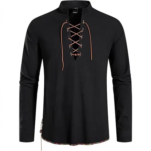 Men's Medieval Renaissance Pirate Costume Shirt Retro Hippie Stand Collar Lace Up V Neck Long Sleeve Ethnic Casual Top