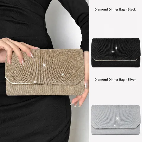 Women Fashion Glitter Pleated Evening Bag Solid Color Clutch Crossbody Chain Bag Elegant Party Wedding Handbag