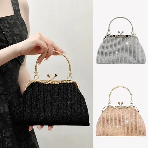 Women Pleated Evening Bag Glitter Sequin Handbag Metallic Frame Clutch Bag Elegant Banquet Purse For Women Party Wedding
