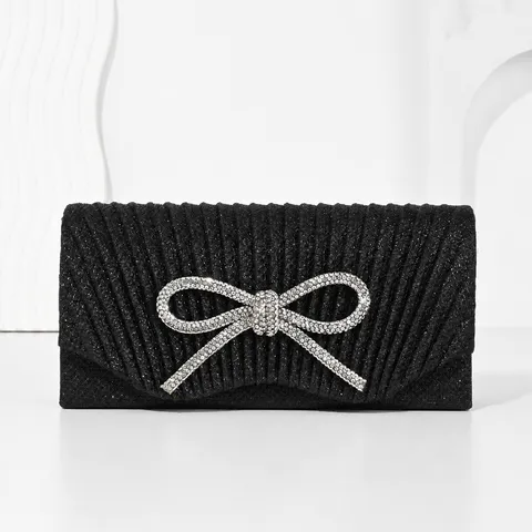 Women Rhinestone Bow Pleated Evening Bag Luxury Sparkly Clutch Purse Wedding Party Chain Shoulder Bag