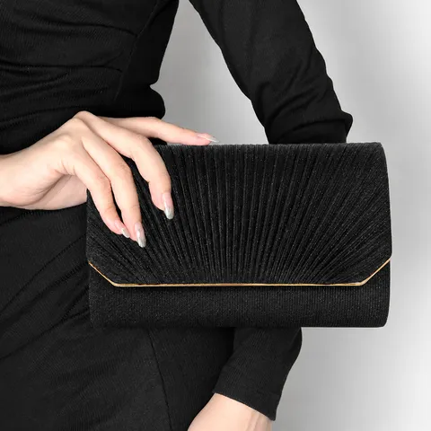 Women Fashion Glitter Pleated Evening Bag Solid Color Clutch Crossbody Chain Bag Elegant Party Wedding Handbag