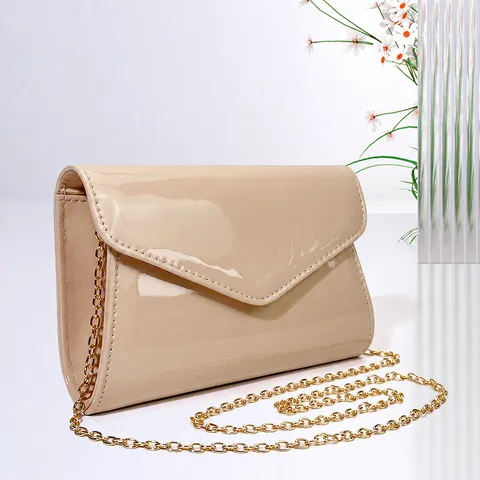 Women Patent Leather Evening Bag Elegant Chain Clutch Bag Solid Color Flap Crossbody Bag Minimalist Banquet Handbag