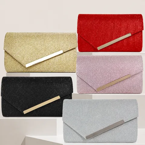 Fashion Simple Metal Strip Square Bag Sparkling Fabric Magnetic Buckle Flap Evening Bag Women Elegant Handbag