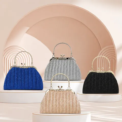 Women Pleated Evening Bag Glitter Sequin Handbag Metallic Frame Clutch Bag Elegant Banquet Purse For Women Party Wedding