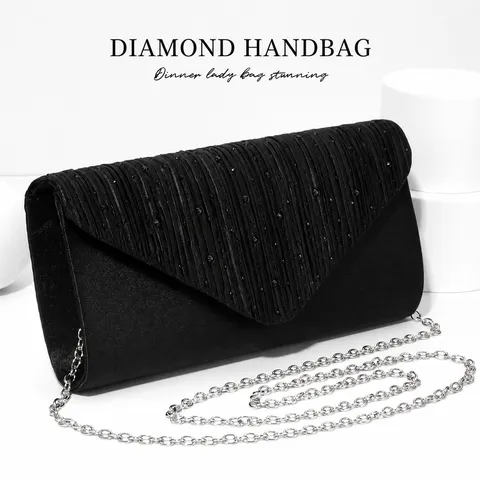 Elegant Pleated Rhinestone Evening Bag Women Satin Clutch Chain Shoulder Bag Wedding Party Purse Handbag