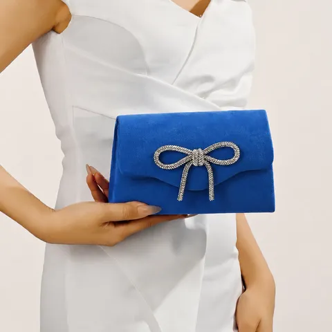Women's Velvet Evening Bag Rhinestone Bow Clutch Purse Elegant Sparkly Party Handbag Crossbody Bag For Wedding Banquet