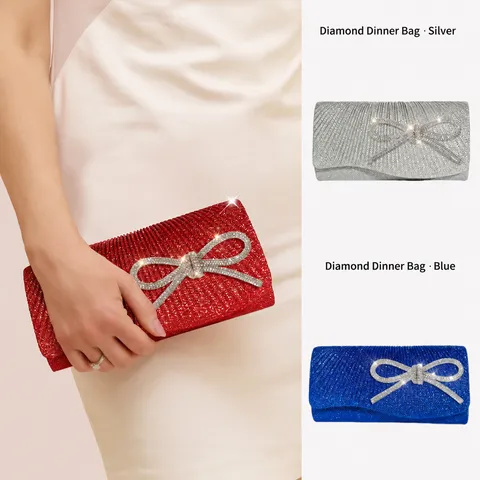 Shiny Pleated Evening Bag Mini Clutch Bow Rhinestone Chain Bag Elegant Party Handbag For Women Evening Prom Wedding
