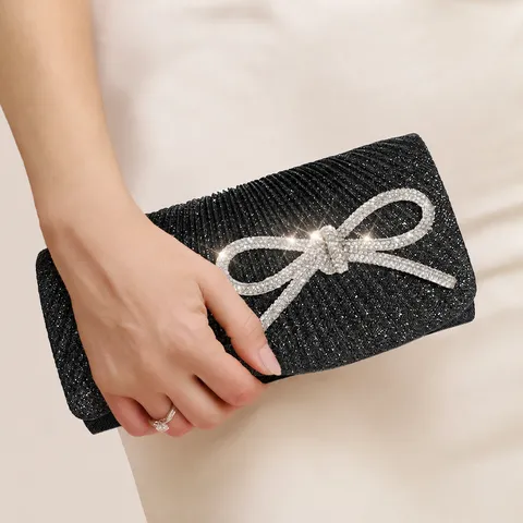 Shiny Pleated Evening Bag Mini Clutch Bow Rhinestone Chain Bag Elegant Party Handbag For Women Evening Prom Wedding
