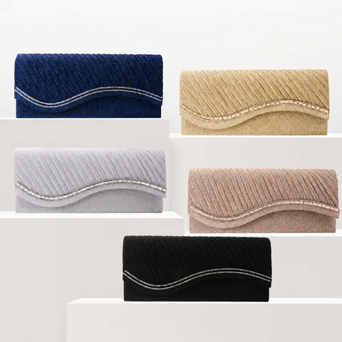 Women Fashion Evening Bag Rhinestone Pleated Clutch Purse Luxury Glitter Party Handbag Wedding Prom Chain Shoulder Bag