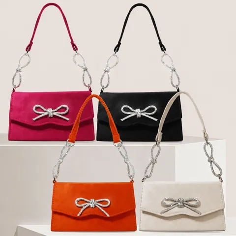 Elegant Suede Evening Bag For Women Rhinestone Bow Handbag Luxury French Style Chain Shoulder Bag Wedding Party Purse