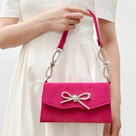 Elegant Suede Evening Bag For Women Rhinestone Bow Handbag Luxury French Style Chain Shoulder Bag Wedding Party Purse