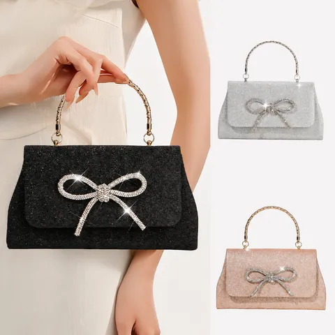 Fashion Women Glitter Evening Bag Rhinestone Bow Handbag Metallic Handle Party Purse Chic Ladies Wedding Clutch