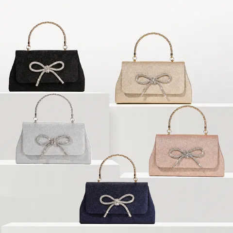 Fashion Women Glitter Evening Bag Rhinestone Bow Handbag Metallic Handle Party Purse Chic Ladies Wedding Clutch