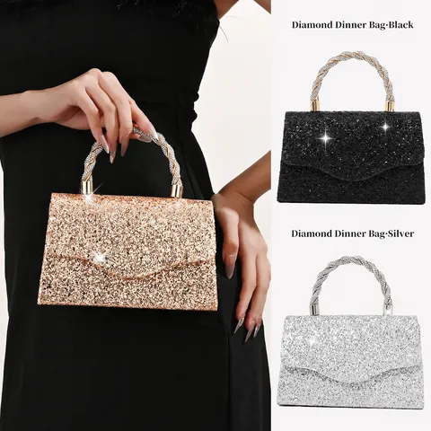 Women Sequin Banquet Evening Bag Rhinestone Twist Handle Luxury Clutch Crossbody Sparkly Party Wedding Handbag