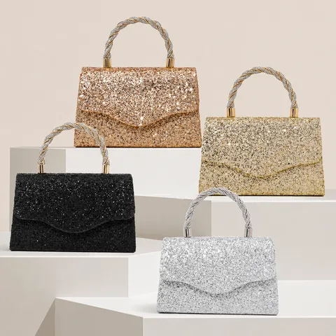 Women Sequin Banquet Evening Bag Rhinestone Twist Handle Luxury Clutch Crossbody Sparkly Party Wedding Handbag