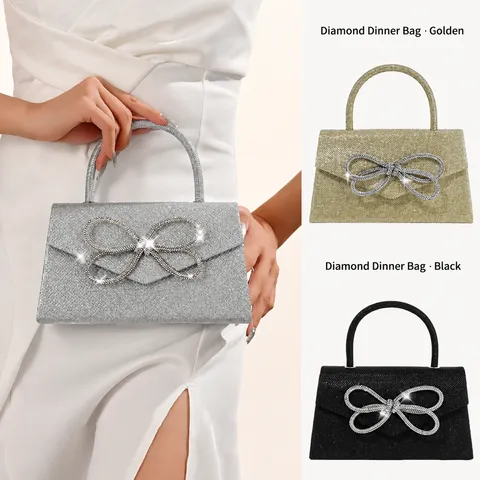 Women Rhinestone Bow Sequin Evening Bag Glitter Handbag Luxury Elegant Banquet Crossbody Bag Clutch Purse