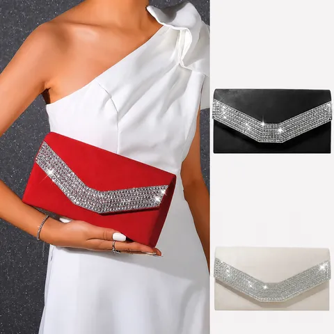 Women Velvet Rhinestone Evening Bag Luxury Clutch Chain Crossbody Shoulder Bag Elegant Party Wedding Handbag