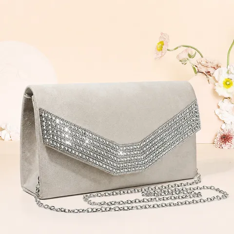 Women Velvet Rhinestone Evening Bag Luxury Clutch Chain Crossbody Shoulder Bag Elegant Party Wedding Handbag