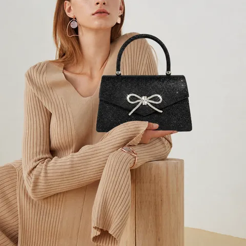 Women Rhinestone Bow Evening Bag Glitter Sequin Handbag Luxury Chain Crossbody Bag Party Prom Clutch Purse