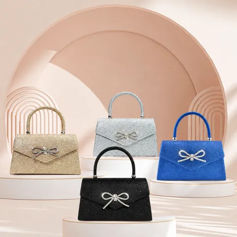 Women Rhinestone Bow Evening Bag Glitter Sequin Handbag Luxury Chain Crossbody Bag Party Prom Clutch Purse
