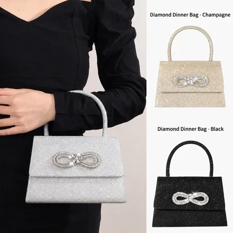 Women Fashion Evening Bag Sequined Rhinestone Bow Mini Handbag Luxury Clutch Purse Wedding Party Shoulder Chain Bag