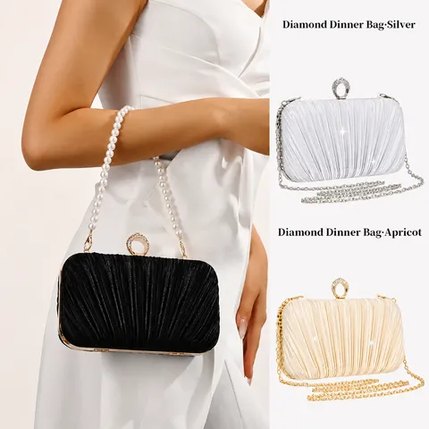 Women Pleated Satin Evening Bag Pearl Handle Handbag Elegant Metal Chain Clutch Purse Wedding Party Prom Bag