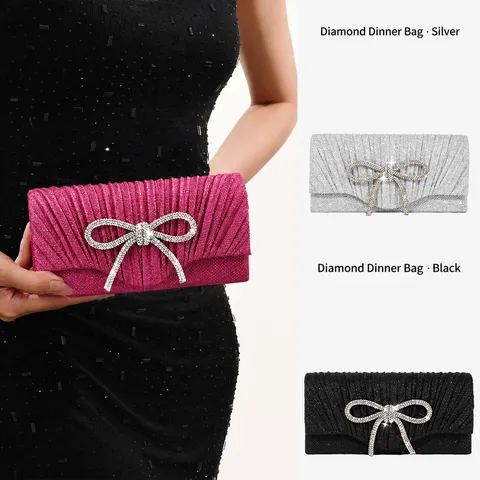 Women Fashion Evening Bag Pleated Clutch Sparkling Rhinestone Bowknot Handbag Elegant Banquet Party Purse