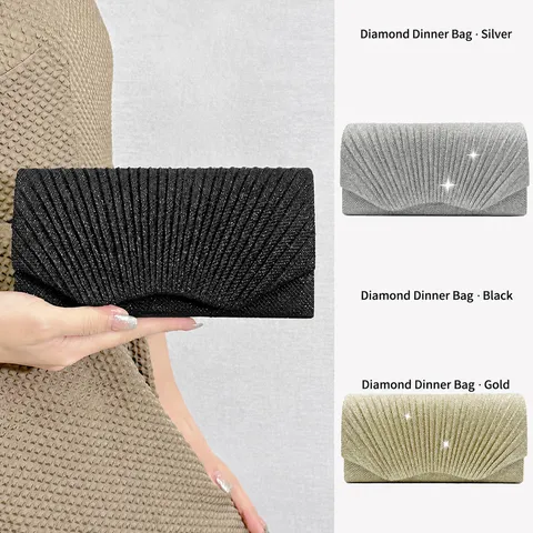 Women Fashion Pleated Evening Bag Glitter Sequins Clutch Purse Mini Shoulder Bag For Party Wedding Daily