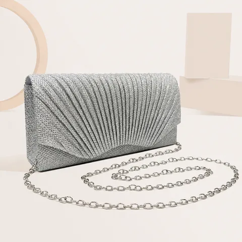Women Fashion Pleated Evening Bag Glitter Sequins Clutch Purse Mini Shoulder Bag For Party Wedding Daily