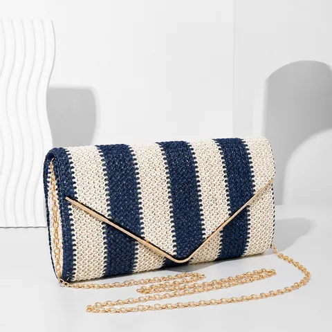Fashion Woven Contrast Envelope Clutch Bag With Chain Strap Women Elegant Evening Party Crossbody Shoulder Handbag