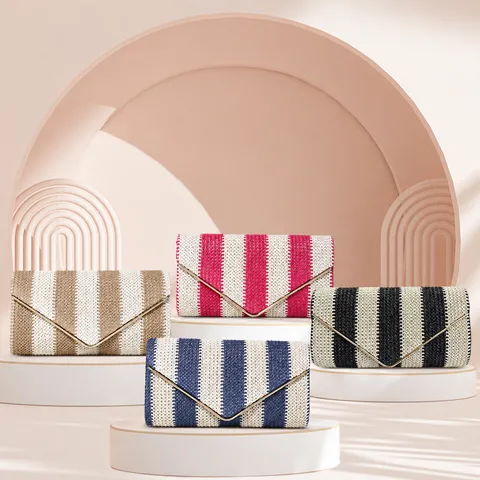 Fashion Woven Contrast Envelope Clutch Bag With Chain Strap Women Elegant Evening Party Crossbody Shoulder Handbag