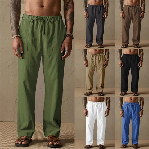 Pantalón Casual de Mezcla de Algodón y Lino para Hombre Pierna Recta Color Sólido Cordón Ajuste Suelto Bolsillos