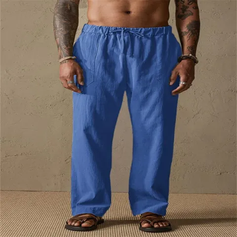 Pantalón Casual de Mezcla de Algodón y Lino para Hombre Pierna Recta Color Sólido Cordón Ajuste Suelto Bolsillos