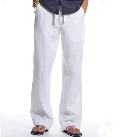 Men's Casual Cotton Long Pants Loose Straight Leg Drawstring Lightweight Breathable Solid Color Everyday Trousers