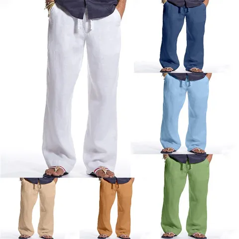 Men's Casual Cotton Long Pants Loose Straight Leg Drawstring Lightweight Breathable Solid Color Everyday Trousers